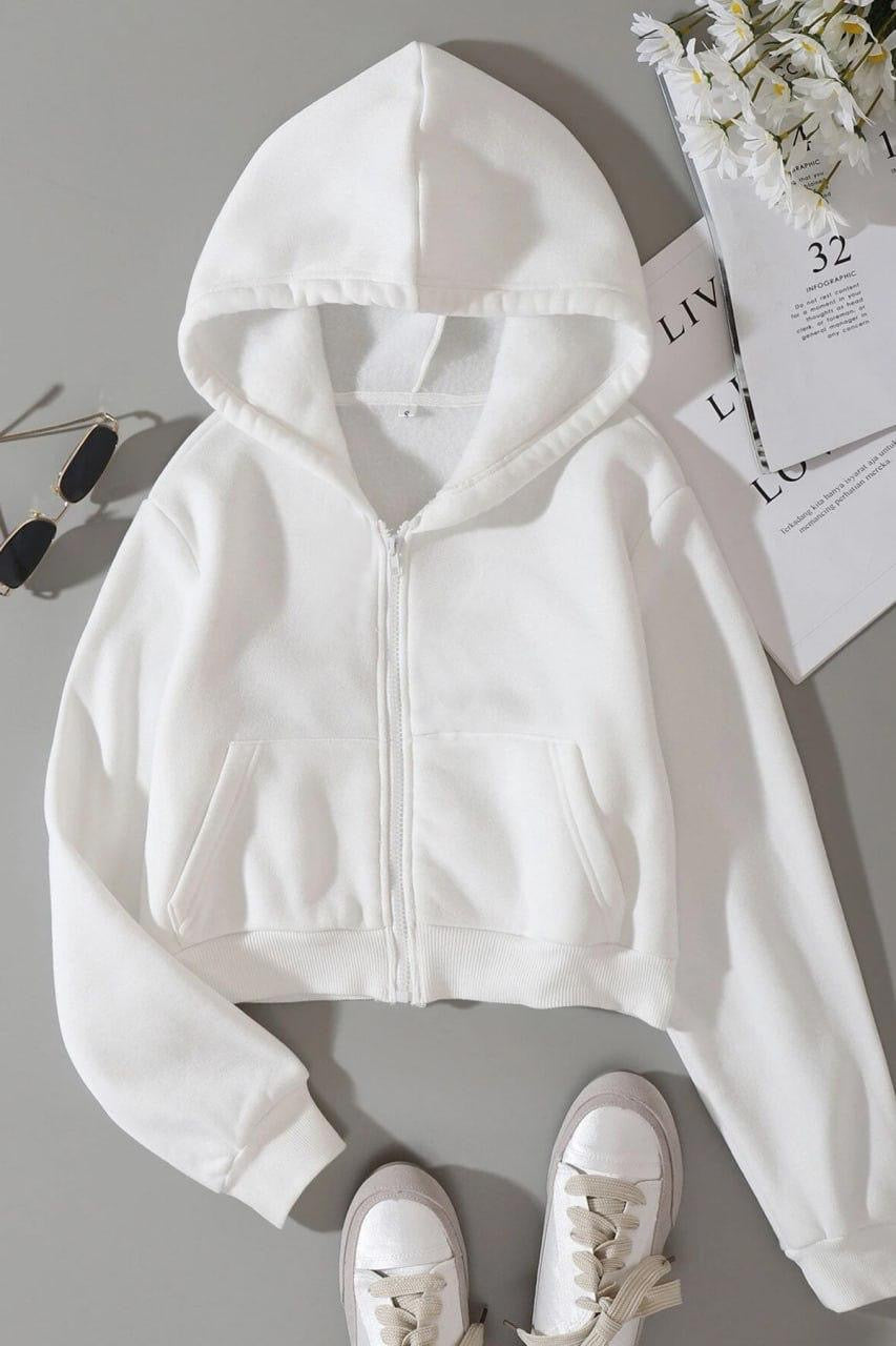Basic Crop Zip Hoodie - White