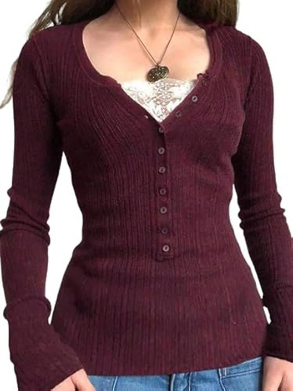 Wine Red Dantel Henley Top