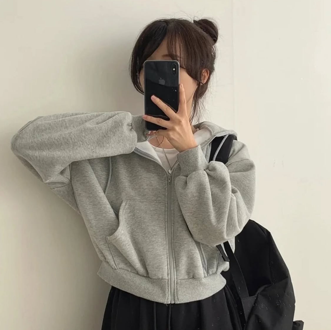 Basic Crop Zip Hoodie - grey