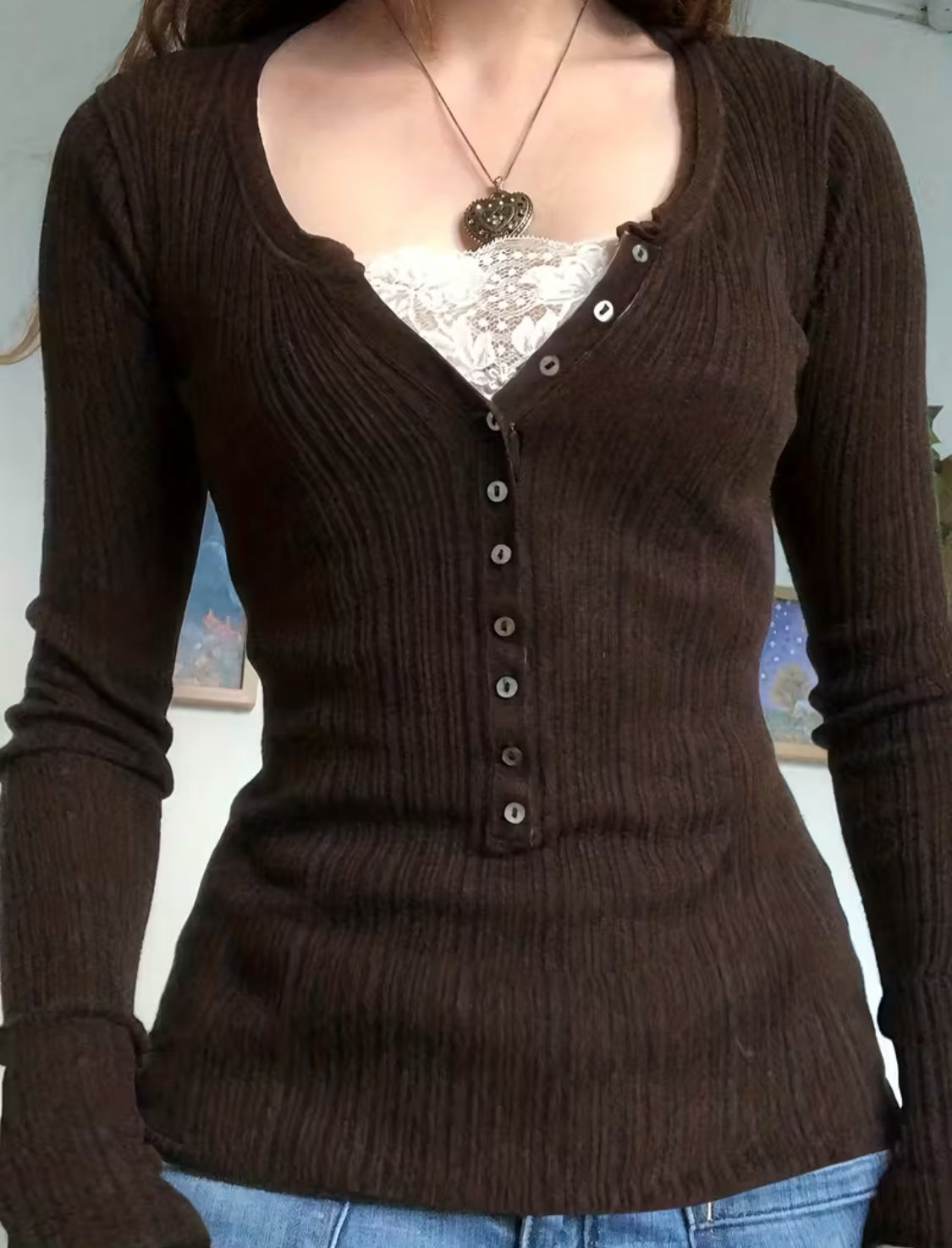 Brown Y2k Dantel Henley Top