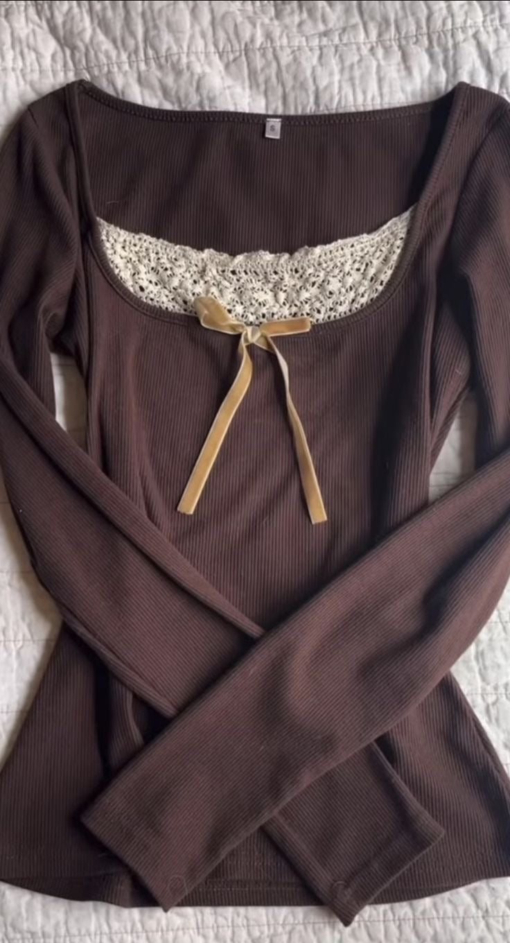 Brown Ribbon Lace Collar Top
