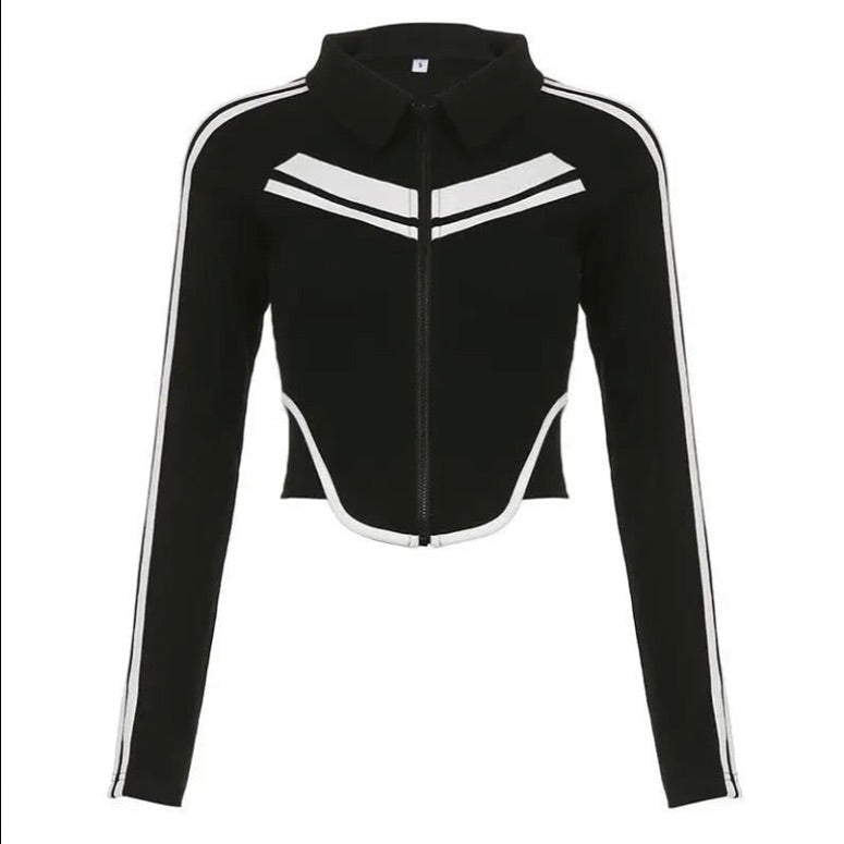 Striped V Waist Zip-Up Top