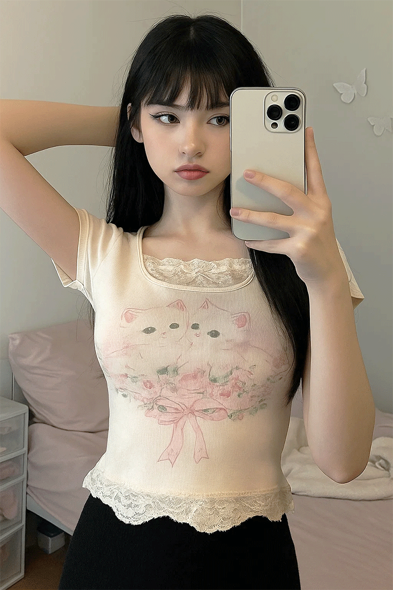 Kawaii Cat Dantel Y2k Top
