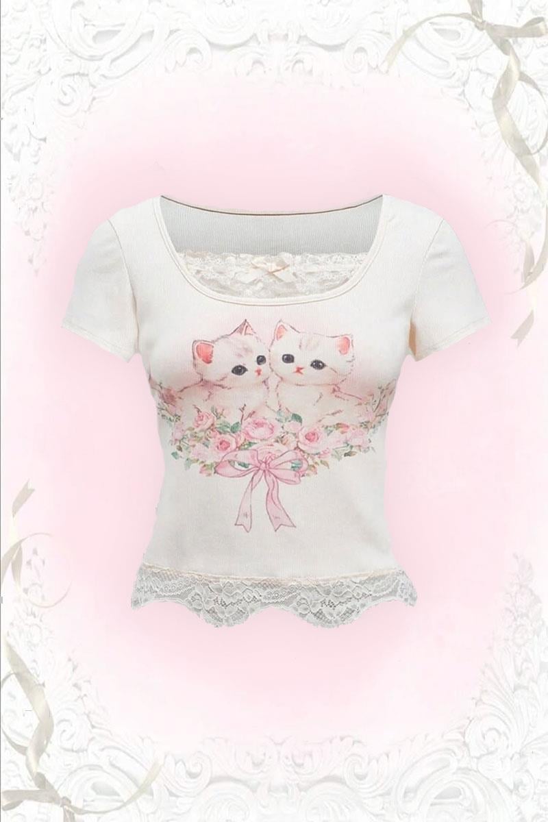 Kawaii Cat Dantel Y2k Top