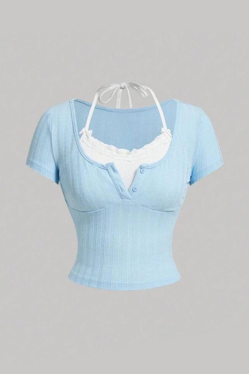 Celeste Blue Lace Up Dantel Top
