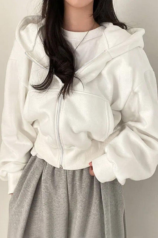 Basic Crop Zip Hoodie - White