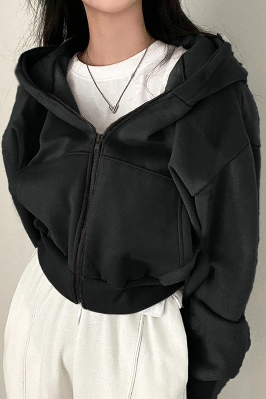 Basic Crop Zip Hoodie - Black