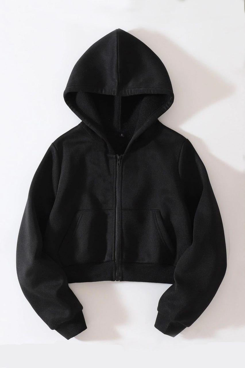 Basic Crop Zip Hoodie - Black