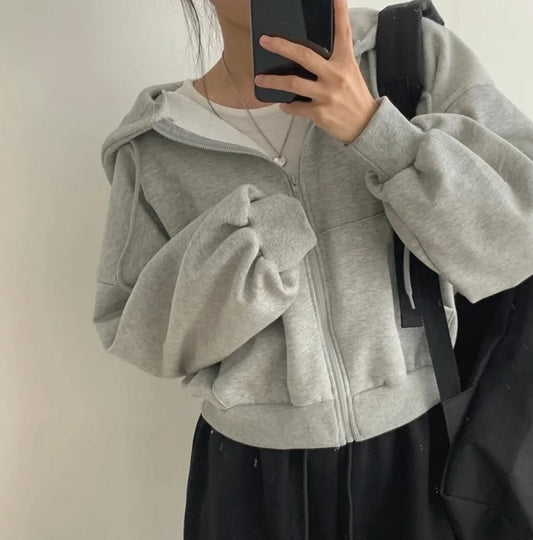 Basic Crop Zip Hoodie - grey