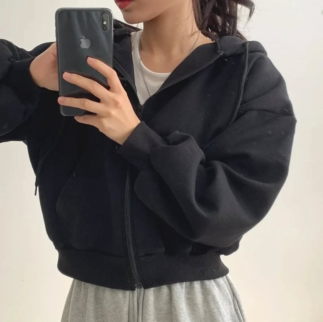 Basic Crop Zip Hoodie - Black