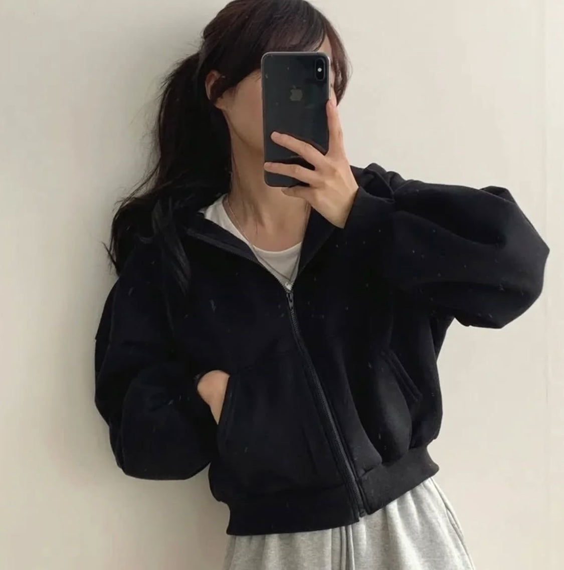 Basic Crop Zip Hoodie - Black