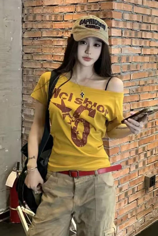 Yellow Nclshior Off-Shoulder Y2k Top