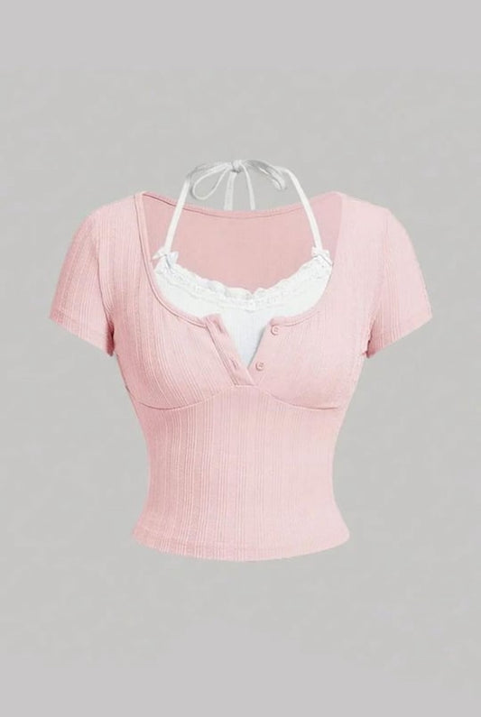 Baby Pink Lace Up Dantel Top