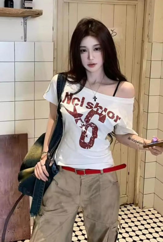 White Nclshior Off-Shoulder Y2k Top