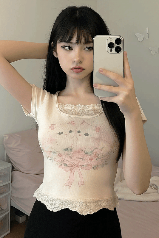 Kawaii Cat Dantel Y2k Top