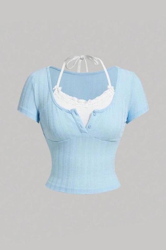 Celeste Blue Lace Up Dantel Top