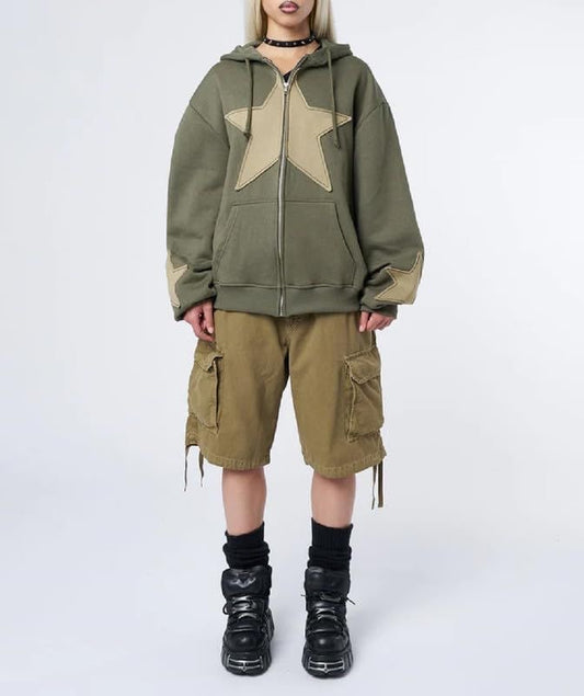 Vintage Star Zip Hoodie - Green