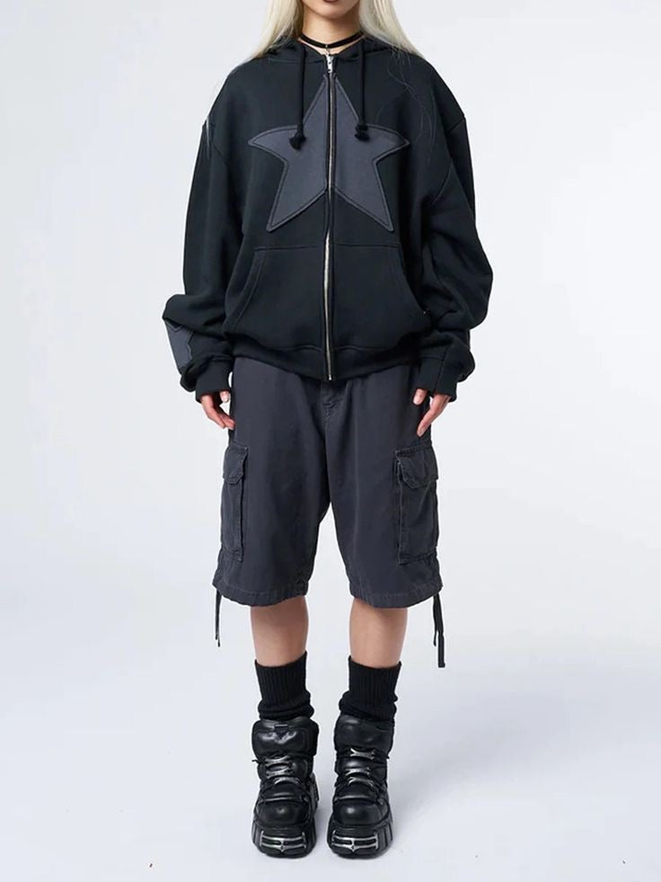 Vintage Star Zip Hoodie - Black