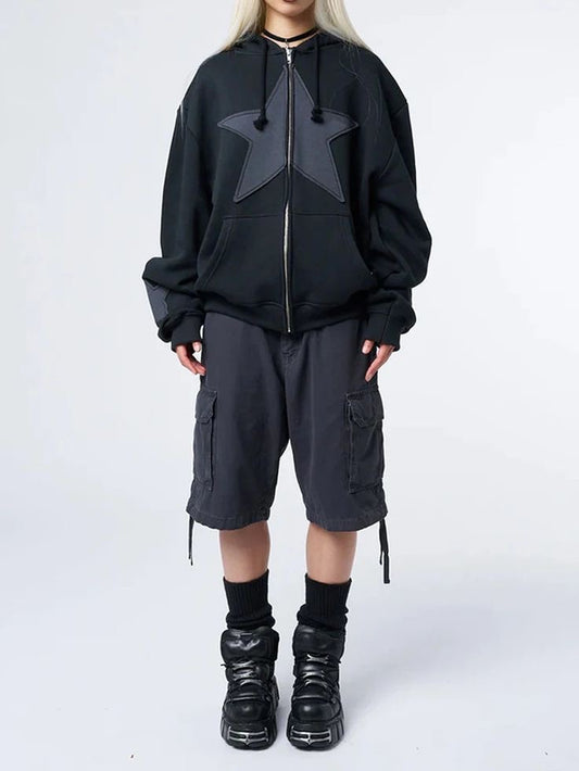 Vintage Star Zip Hoodie - Black