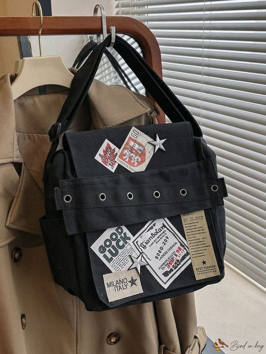 Black Y2k Patchwork Messenger Bag
