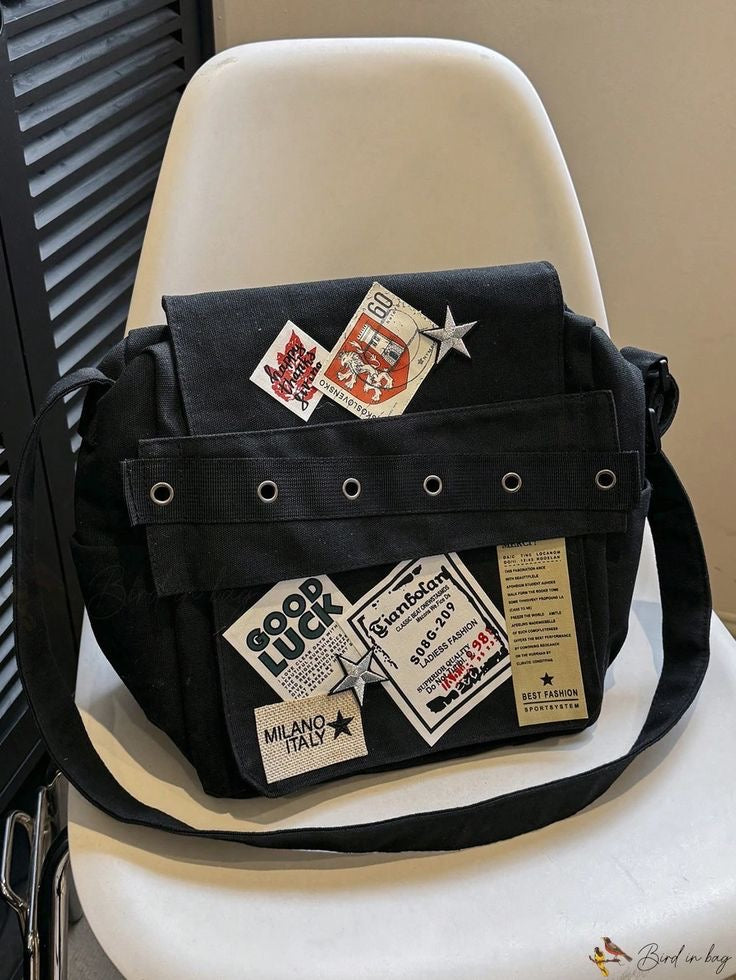 Black Y2k Patchwork Messenger Bag