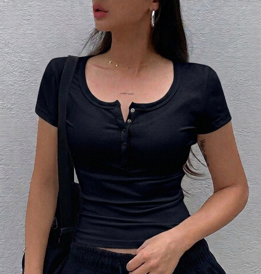 Black Button Short Sleeve Top