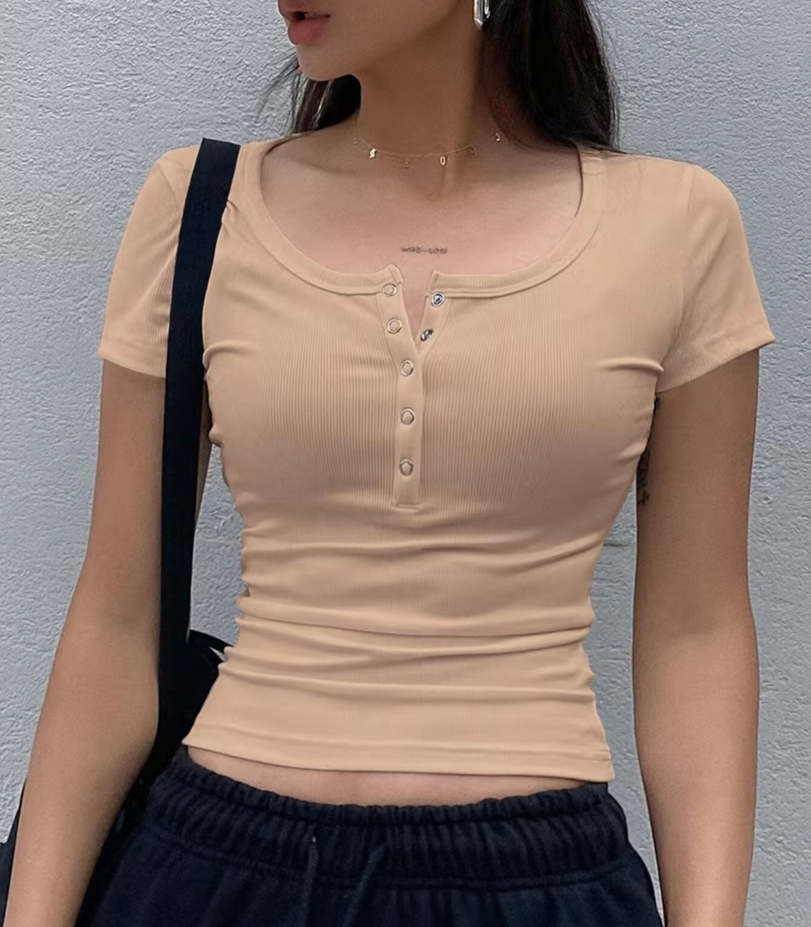 Light Brown Button Short Sleeve Top